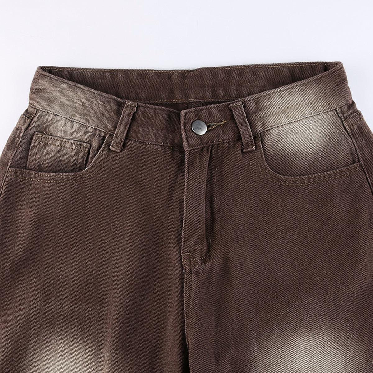 Retro Washed Brown Low Waist Jeans - Aesthetic Clothes Shop Retro Washed Brown Low Waist Jeans - Aesthetic Clothes Shop