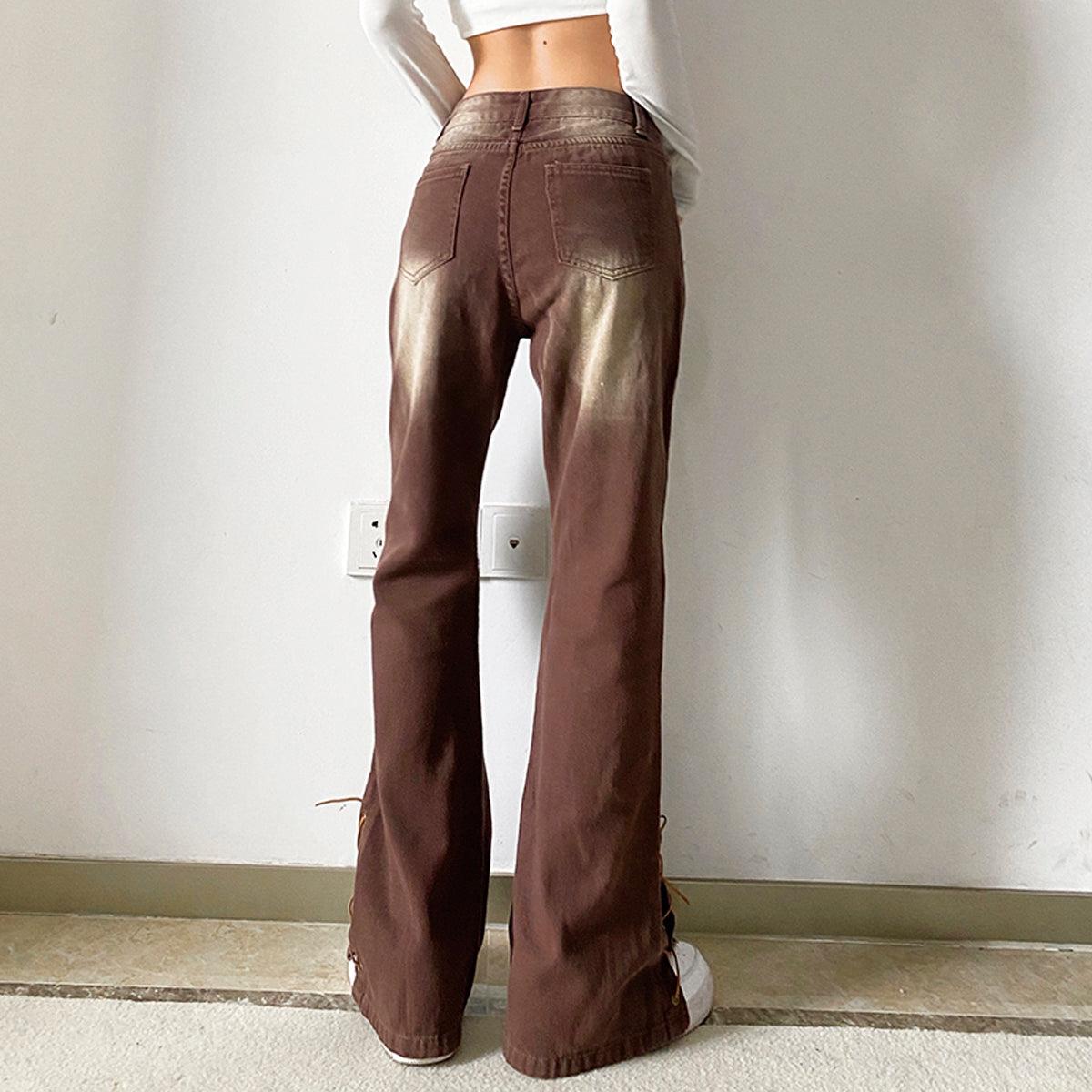 Retro Washed Brown Low Waist Jeans - Aesthetic Clothes Shop