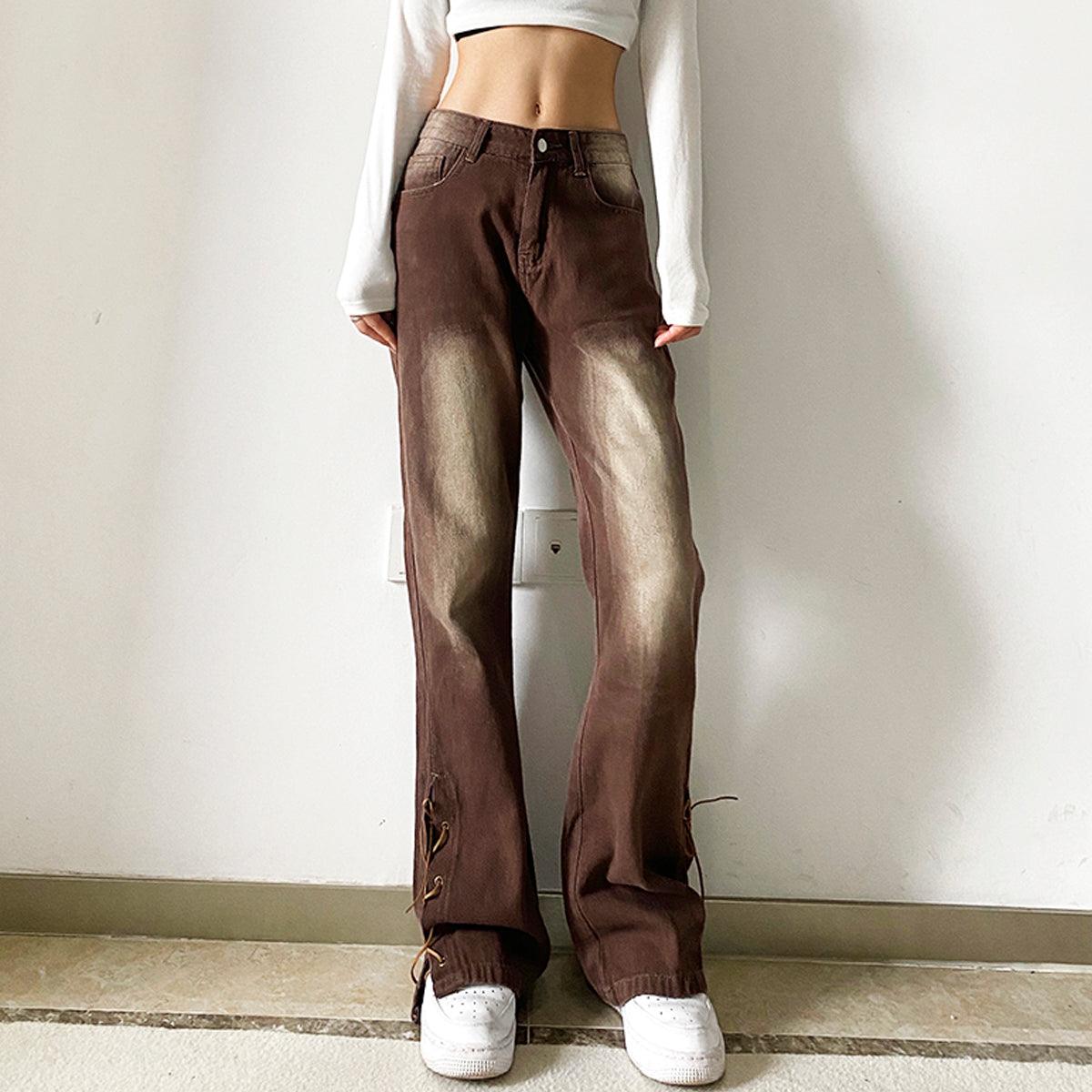 Retro Washed Brown Low Waist Jeans - Aesthetic Clothes Shop