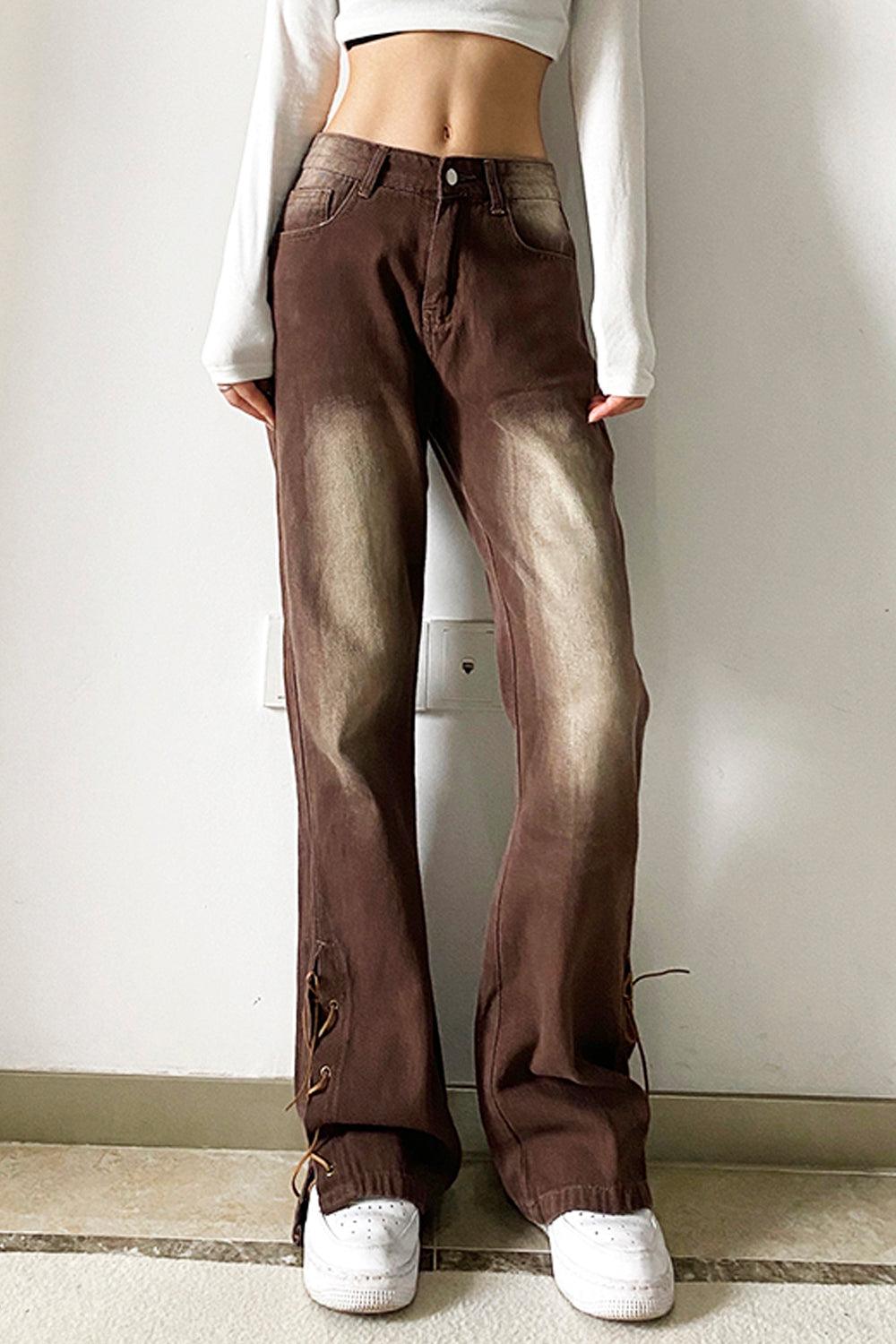 Retro Washed Brown Low Waist Jeans - Aesthetic Clothes Shop Retro Washed Brown Low Waist Jeans - Aesthetic Clothes Shop