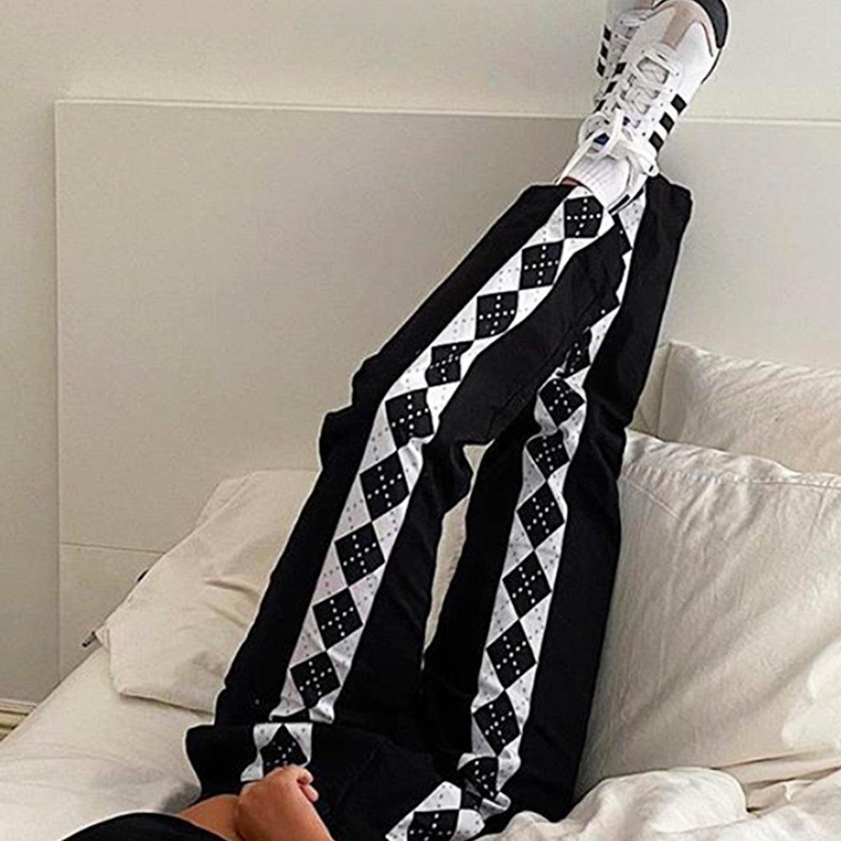 Rhombus Lined Retro Black Pants - Aesthetic Clothes Shop Rhombus Lined Retro Black Pants - Aesthetic Clothes Shop