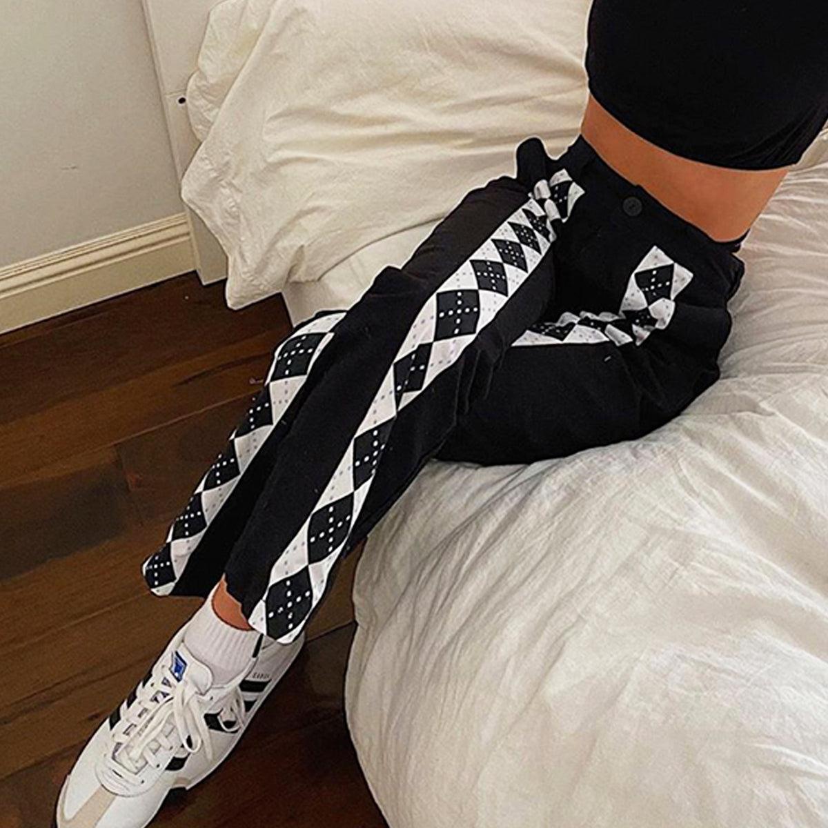 Rhombus Lined Retro Black Pants - Aesthetic Clothes Shop Rhombus Lined Retro Black Pants - Aesthetic Clothes Shop