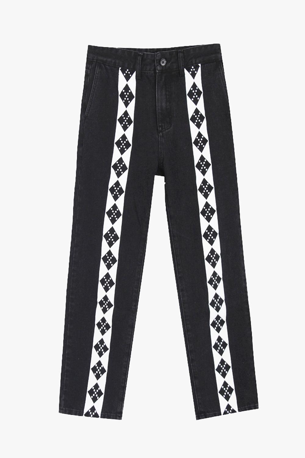 Rhombus Lined Retro Black Pants - Aesthetic Clothes Shop Rhombus Lined Retro Black Pants - Aesthetic Clothes Shop