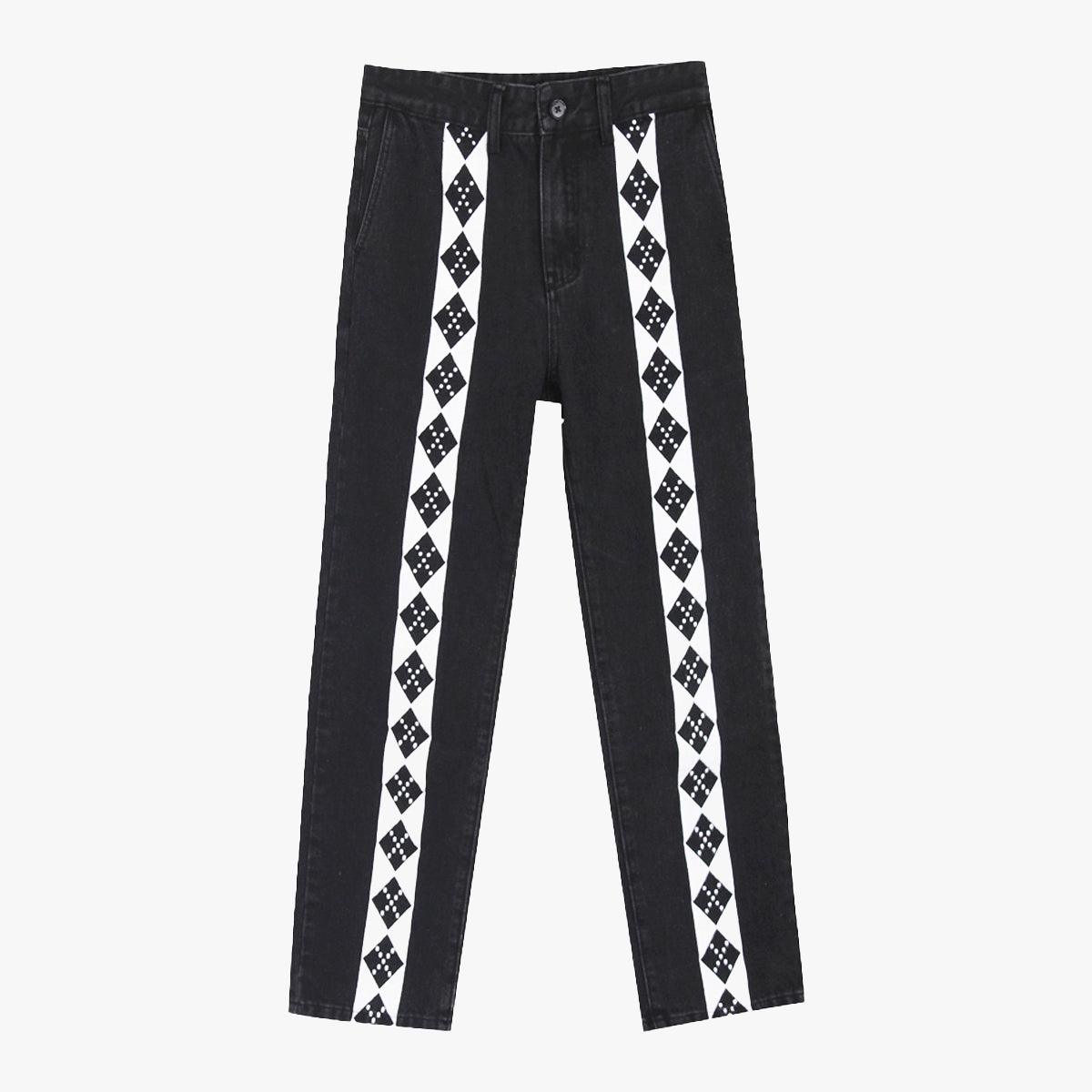 Rhombus Lined Retro Black Pants - Aesthetic Clothes Shop Rhombus Lined Retro Black Pants - Aesthetic Clothes Shop