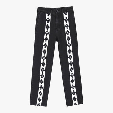 Rhombus Lined Retro Black Pants