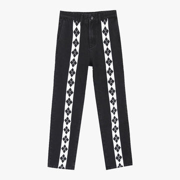 Rhombus Lined Retro Black Pants - Aesthetic Clothes Shop Rhombus Lined Retro Black Pants - Aesthetic Clothes Shop