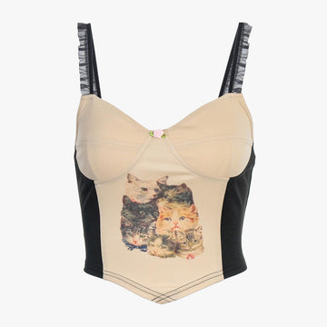 Ruffle Straps Retro Cats Crop Top - Aesthetic Clothes Shop Ruffle Straps Retro Cats Crop Top - Aesthetic Clothes Shop
