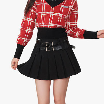 Schoolgirl Aesthetic Double Belt Pleated Skirt