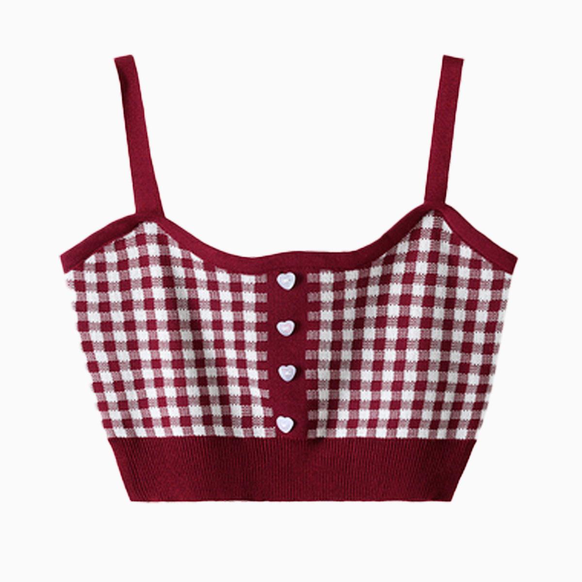 Short Knitted Plaid Crop Top Heart Buttons - Aesthetic Clothes Shop