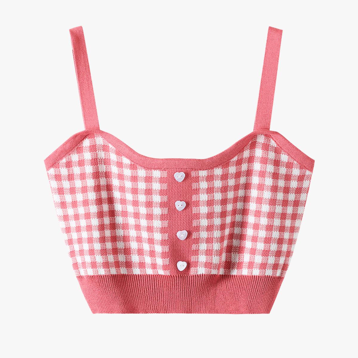 Short Knitted Plaid Crop Top Heart Buttons - Aesthetic Clothes Shop Short Knitted Plaid Crop Top Heart Buttons - Aesthetic Clothes Shop