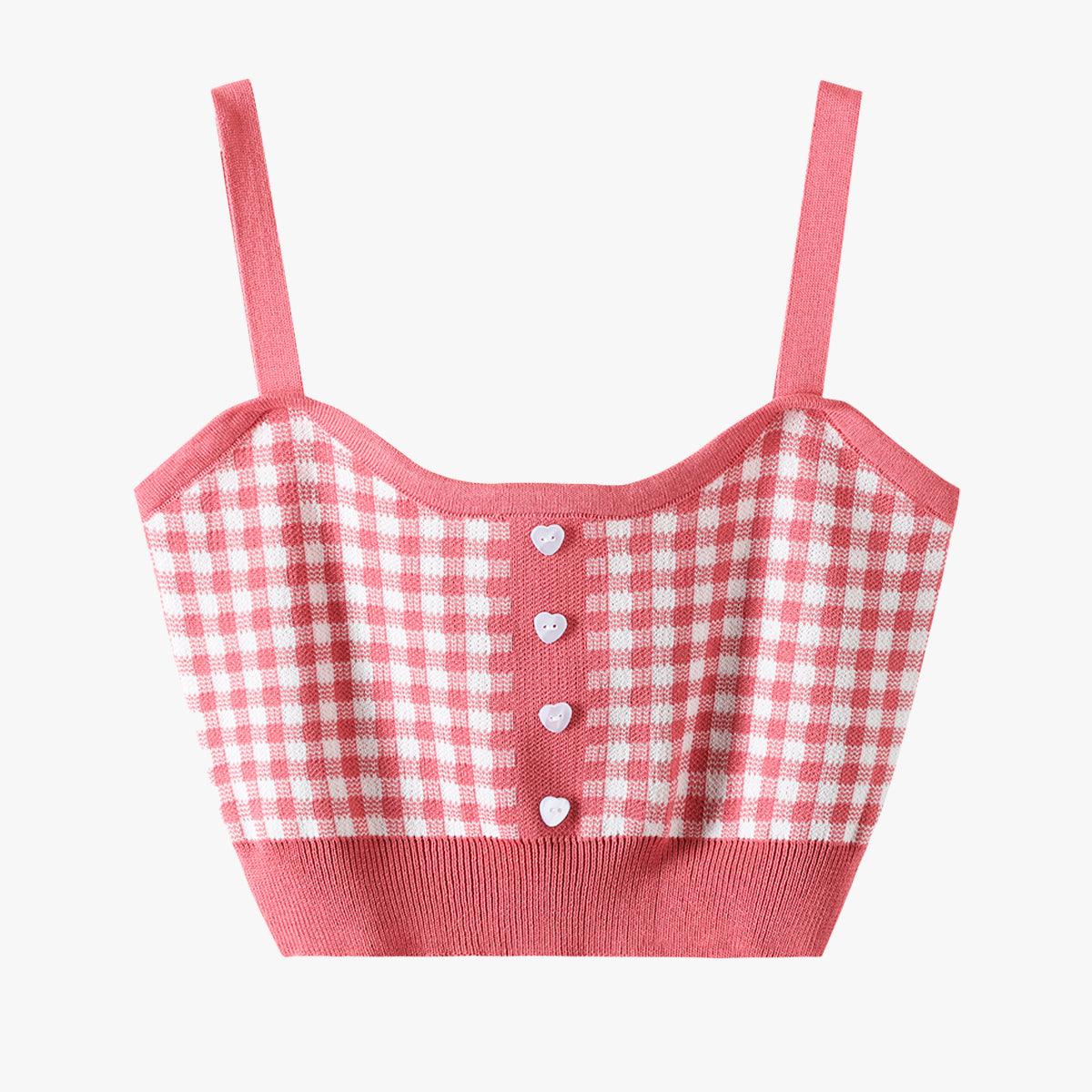 Short Knitted Plaid Crop Top Heart Buttons - Aesthetic Clothes Shop