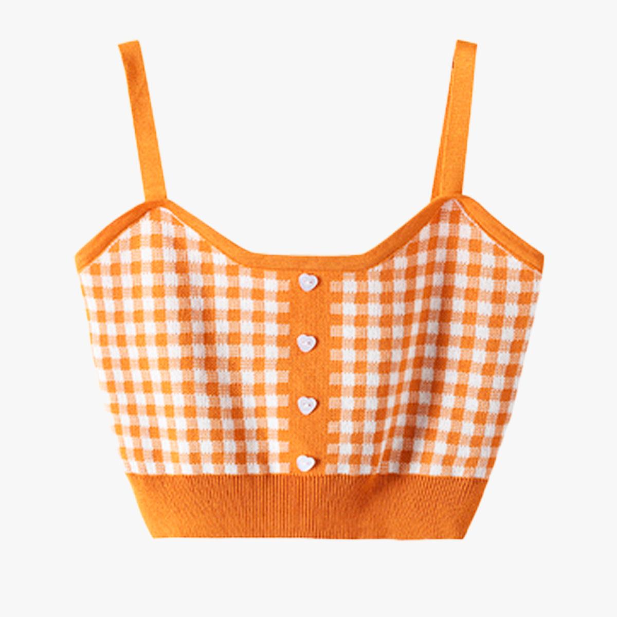 Short Knitted Plaid Crop Top Heart Buttons - Aesthetic Clothes Shop Short Knitted Plaid Crop Top Heart Buttons - Aesthetic Clothes Shop