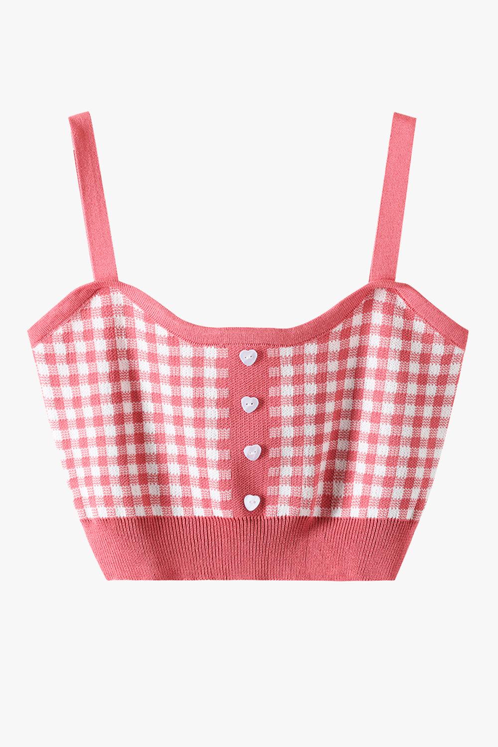 Short Knitted Plaid Crop Top Heart Buttons - Aesthetic Clothes Shop Short Knitted Plaid Crop Top Heart Buttons - Aesthetic Clothes Shop