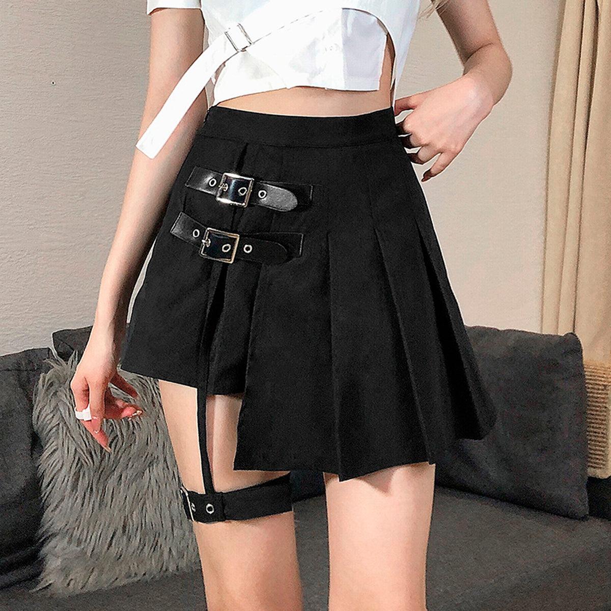 Side Belts Asymmetric Pleated Skirt - Aesthetic Clothes Shop Side Belts Asymmetric Pleated Skirt - Aesthetic Clothes Shop