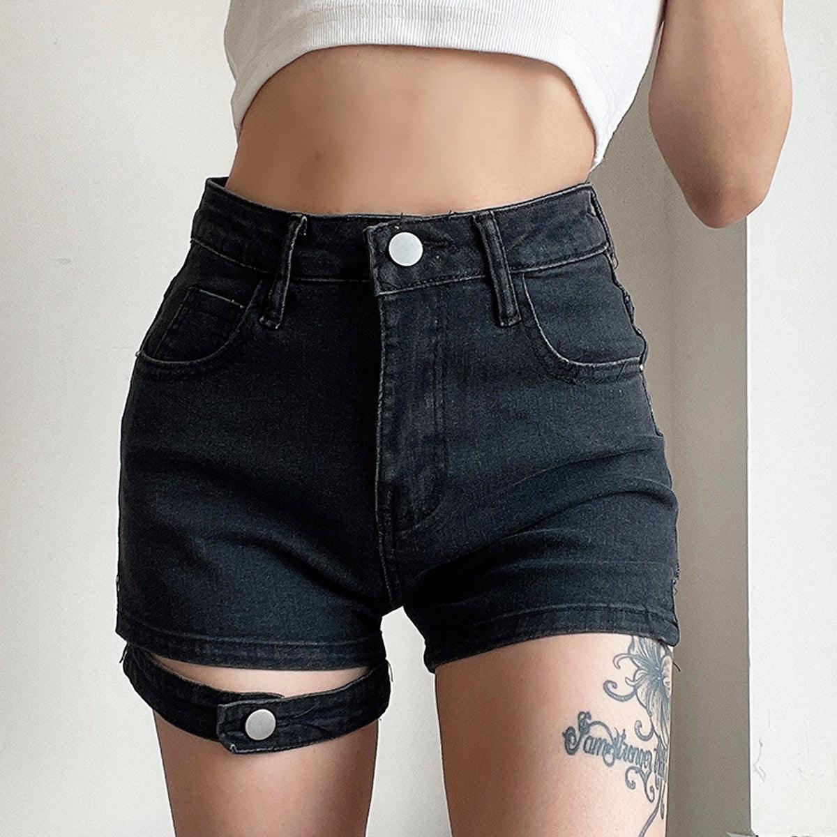 Soft Grunge Leg Strap Denim Shorts - Aesthetic Clothes Shop