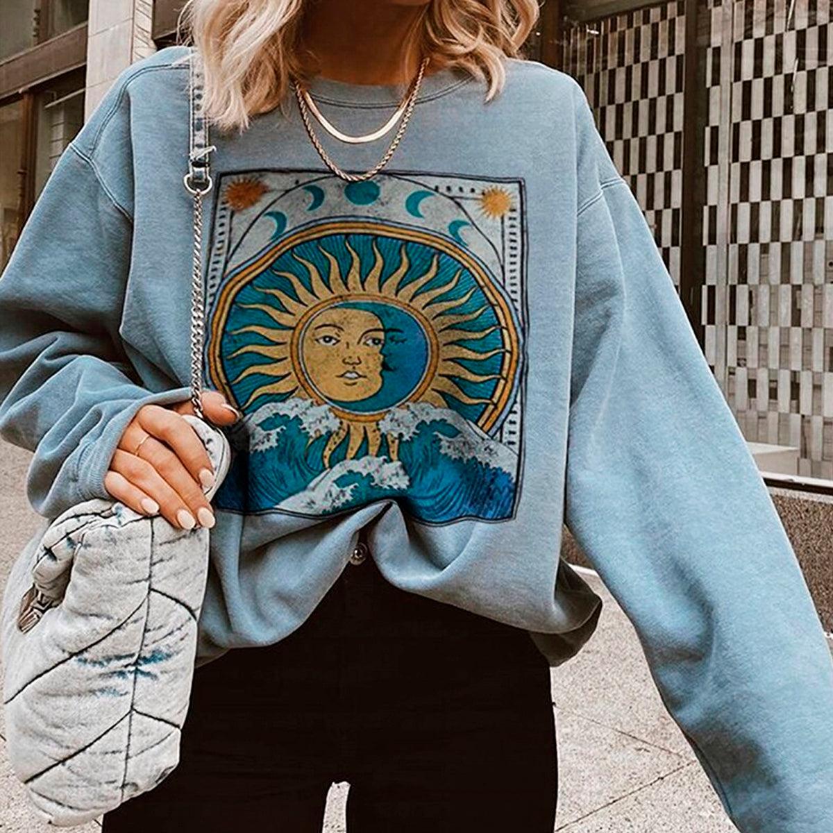 Sun and Moon Love Pale Blue Sweatshirt - Aesthetic Clothes Shop