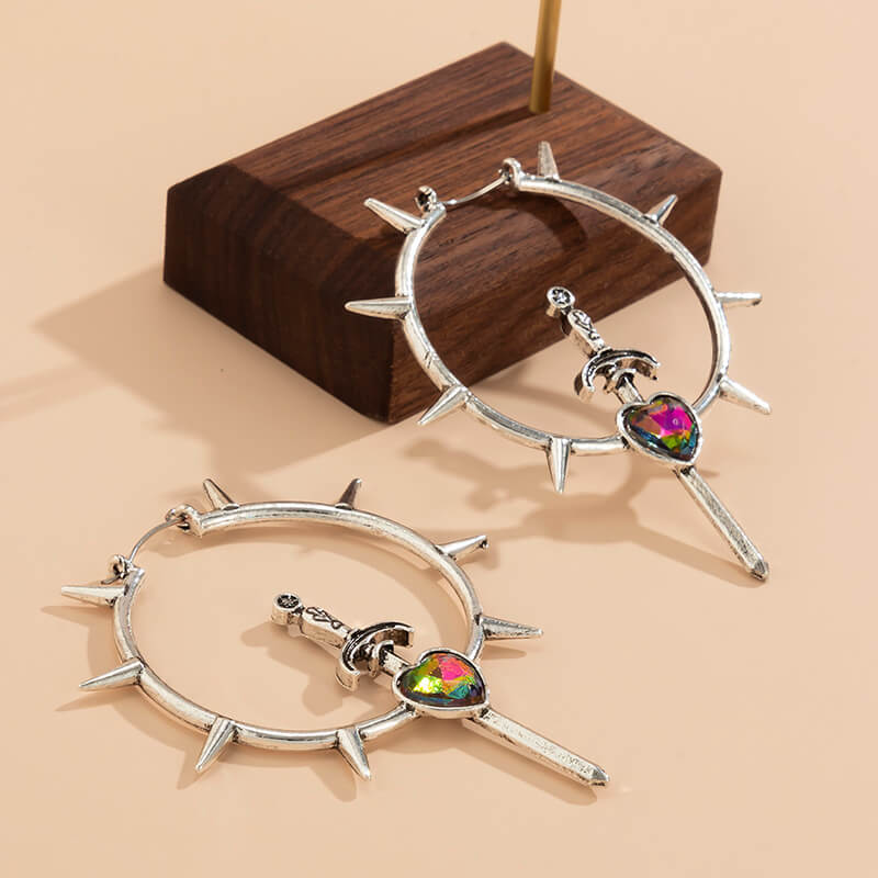 Sword and Heart Crystal Hoop Earrings Sword and Heart Crystal Hoop Earrings