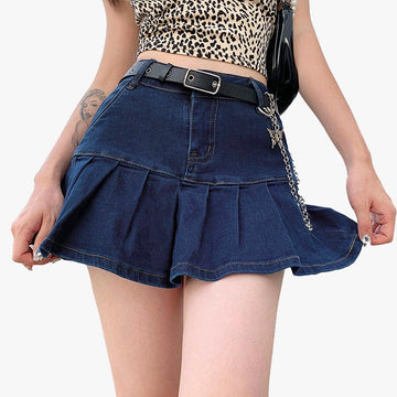 Retro Pleated Dark Blue Denim Skirt