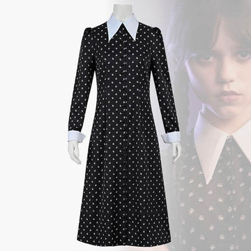 Wednesday Addams Dress Flowers Pattern White Collar Wednesday Addams Dress Flowers Pattern White Collar