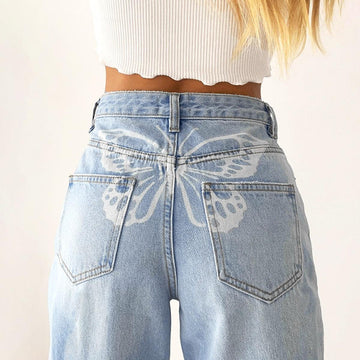 White Butterfly Straight Light Blue Jeans