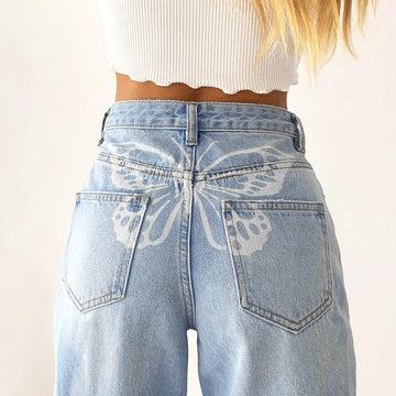 White Butterfly Straight Light Blue Jeans - Aesthetic Clothes Shop White Butterfly Straight Light Blue Jeans - Aesthetic Clothes Shop