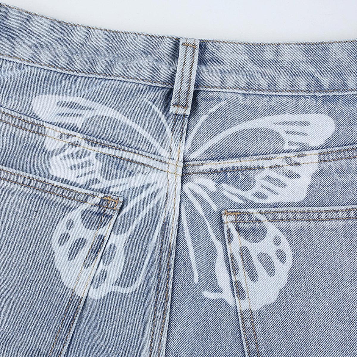 White Butterfly Straight Light Blue Jeans - Aesthetic Clothes Shop