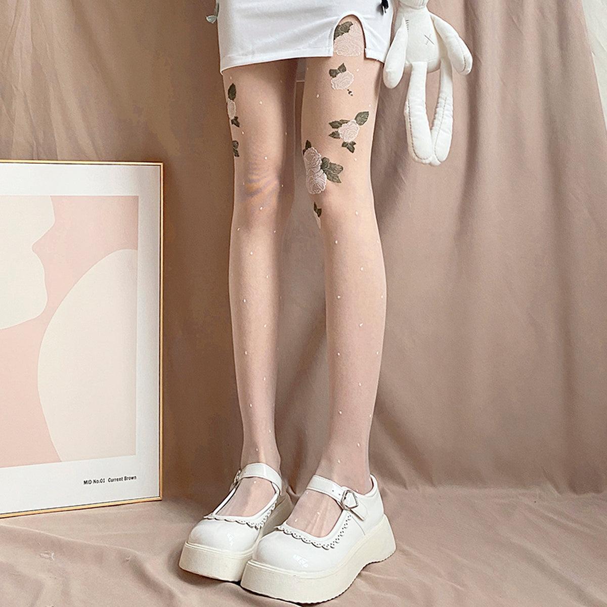 White Roses Thin Translucent Tights - Aesthetic Clothes Shop