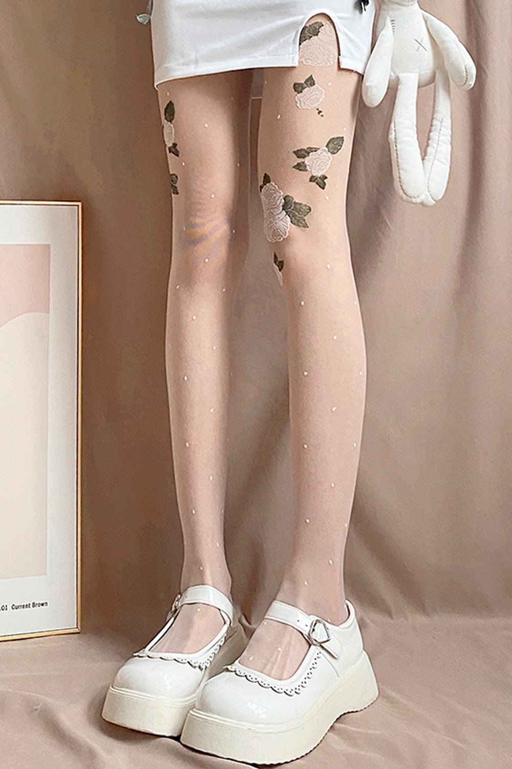 White Roses Thin Translucent Tights - Aesthetic Clothes Shop