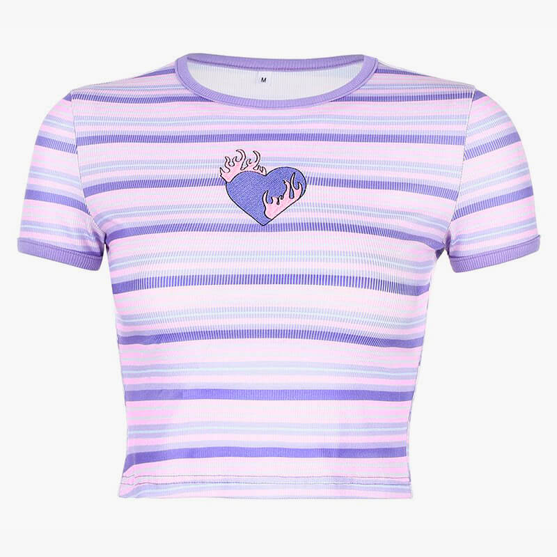 Y2K Nostalgia Purple Striped Crop Top Flaming Heart Y2K Nostalgia Purple Striped Crop Top Flaming Heart