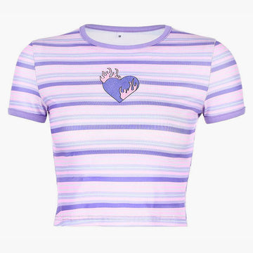Y2K Nostalgia Purple Striped Crop Top Flaming Heart Y2K Nostalgia Purple Striped Crop Top Flaming Heart