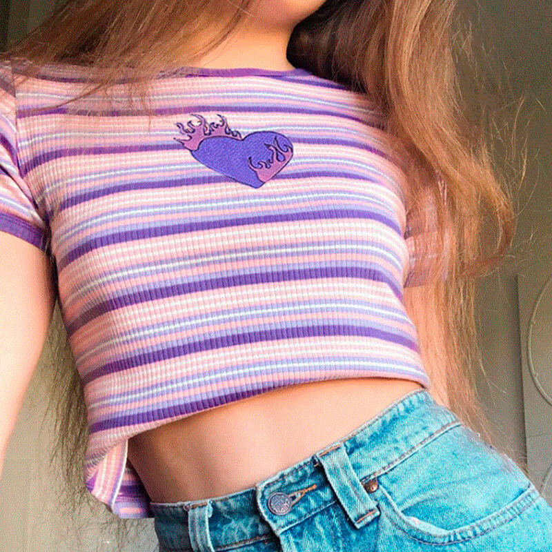 Y2K Nostalgia Purple Striped Crop Top Flaming Heart Y2K Nostalgia Purple Striped Crop Top Flaming Heart