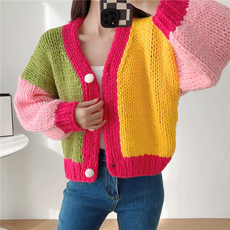 70s Aesthetic Crochet Cardigan Candy Color