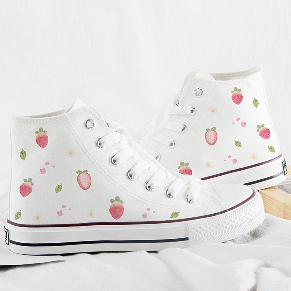 Japanese Custom Strawberry White Canvas Shoes - Aesthetic Clothes Shop