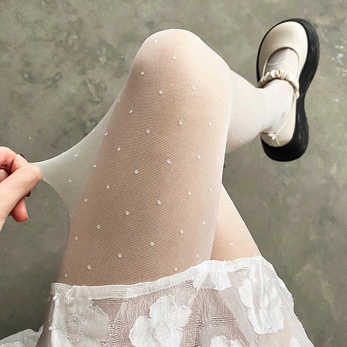 Ankle Laced White Polka Dot Tights - Aesthetic Clothes Shop
