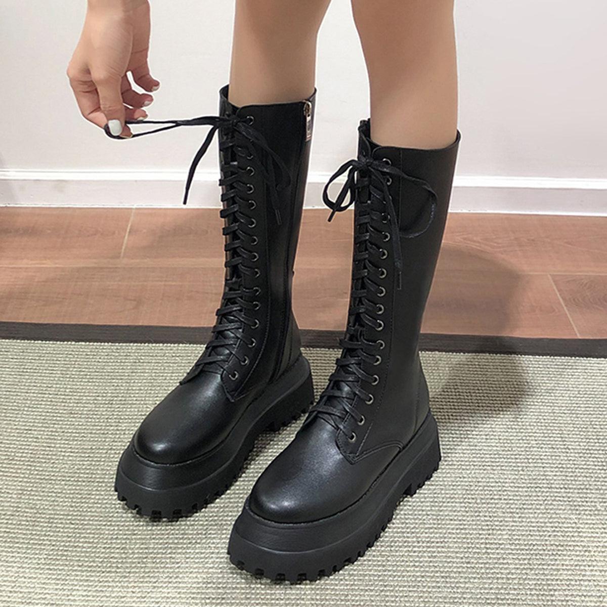 Black Alt Girl High Combat Boots - Aesthetic Clothes Shop