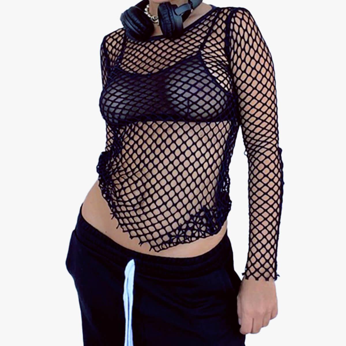 Black Grunge Aesthetic Fishnet Long Sleeve Top - Aesthetic Clothes Shop