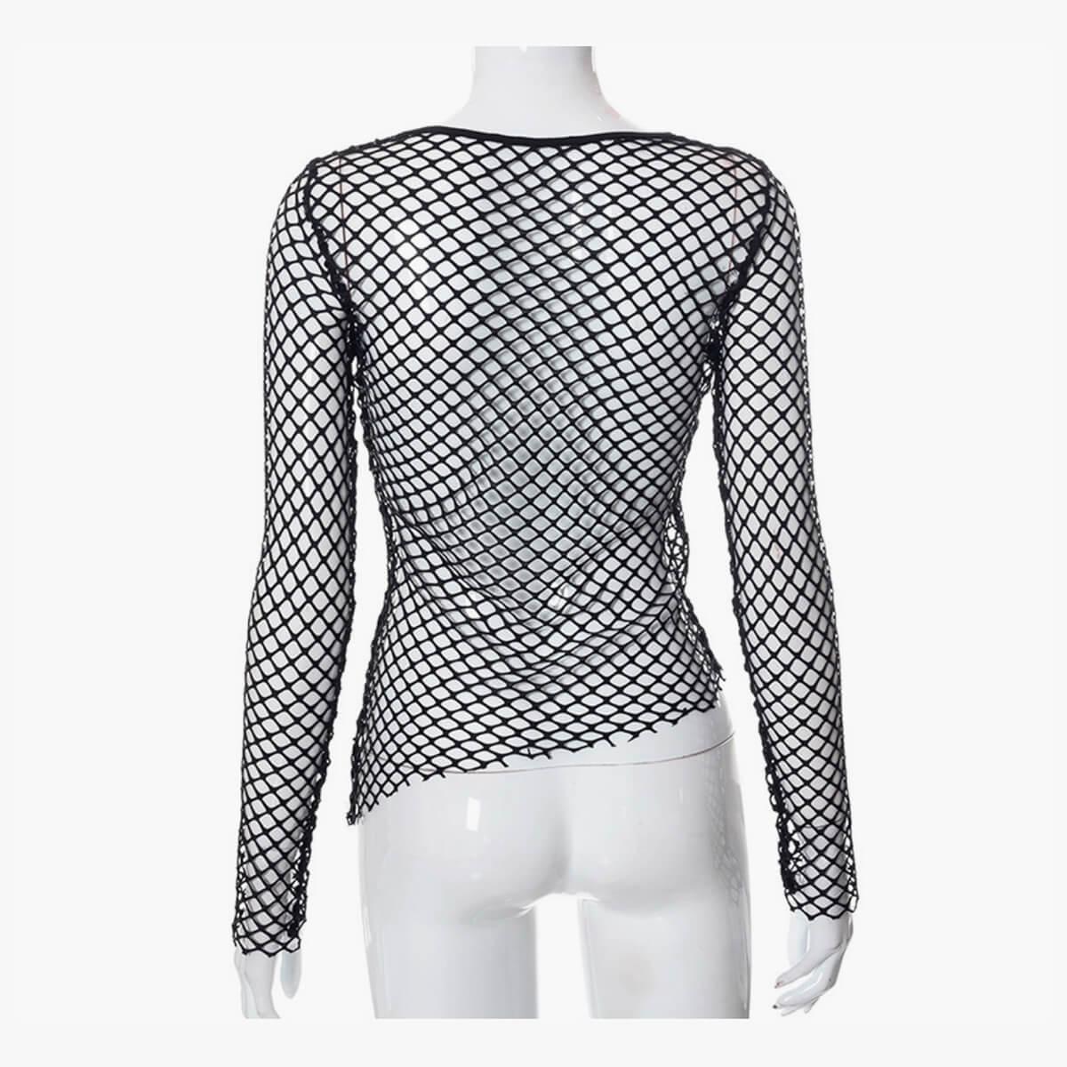 Black Grunge Aesthetic Fishnet Long Sleeve Top - Aesthetic Clothes Shop
