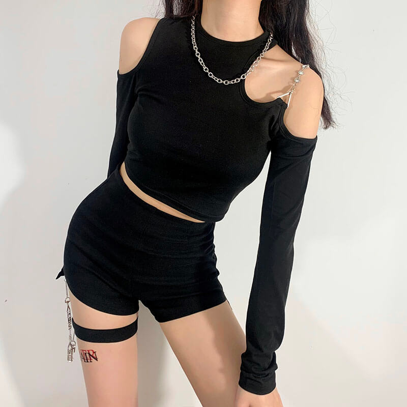 Black Long Sleeve Crop Top One Shoulder Chain Strap - ACS