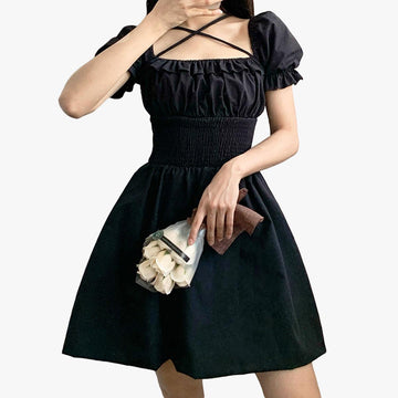 Black Square Neck Lace Hepburn Dress - Aesthetic Clothes Shop