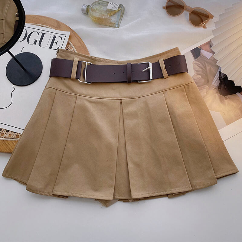 Brown Pleated Skirt With Belt