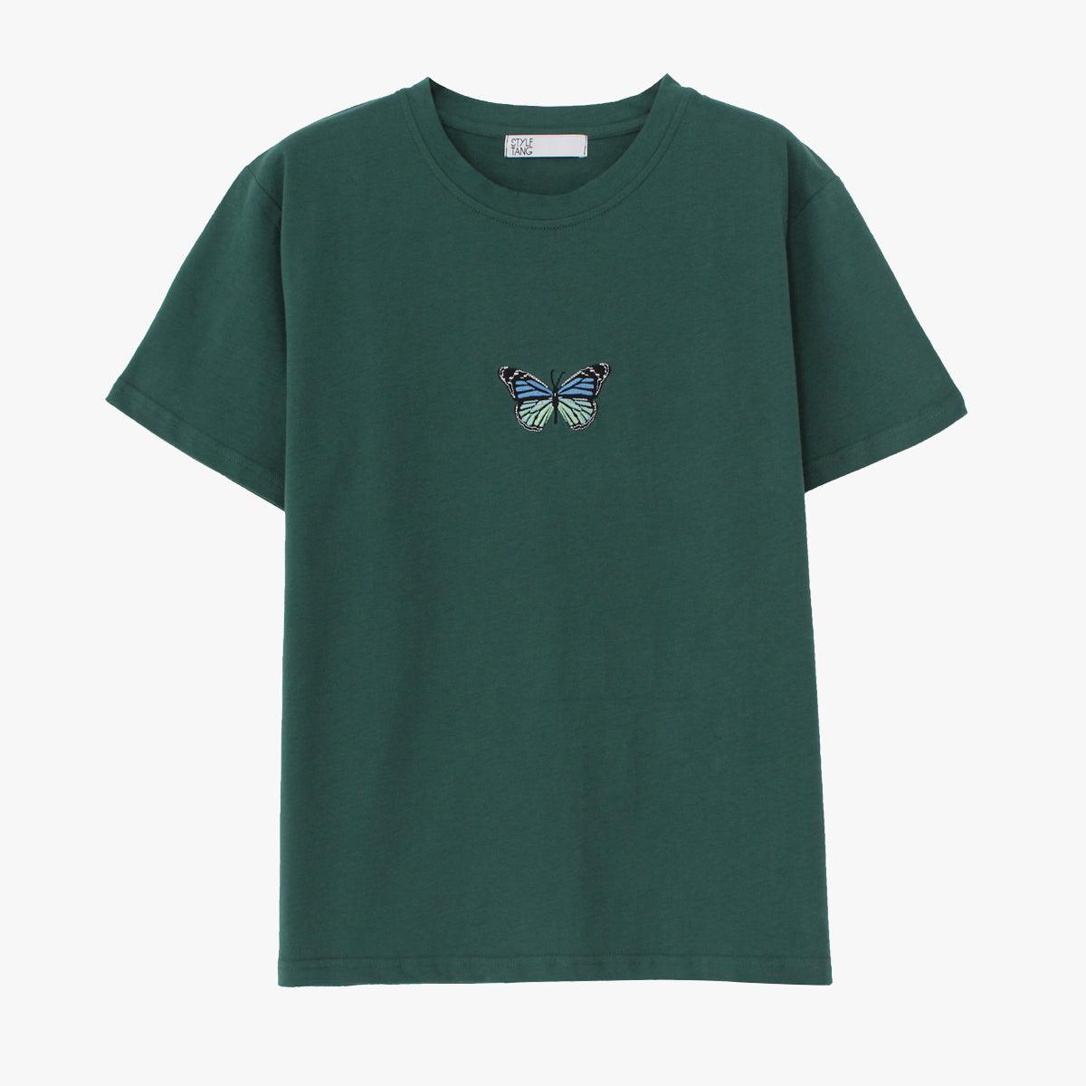 Butterfly Embroidery Dark Green T-Shirt - Aesthetic Clothes Shop