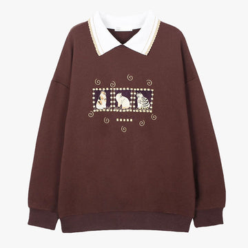 Cats Aesthetic Brown Sweatshirt With Collar - Aesthetic Clothes Shop