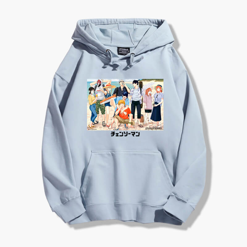 Chainsaw Man Beach Party Anime Hoodie Pastel Blue