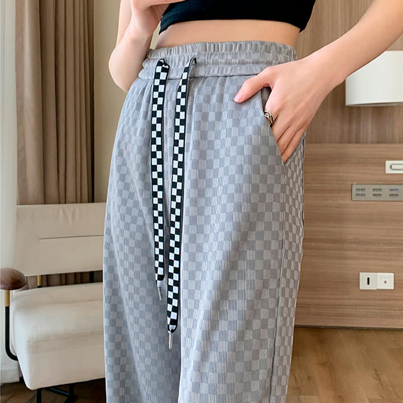 Checkered Grid Elastic Waist Wide Pants