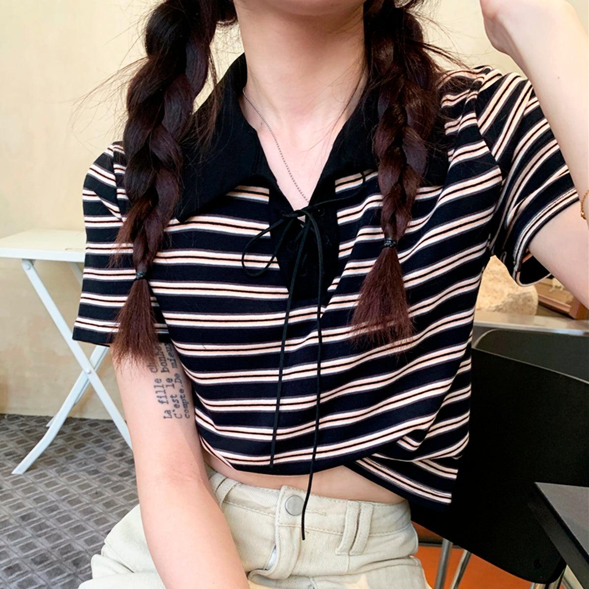 Collar Lace Striped Crop Polo Shirt - Aesthetic Clothes Shop