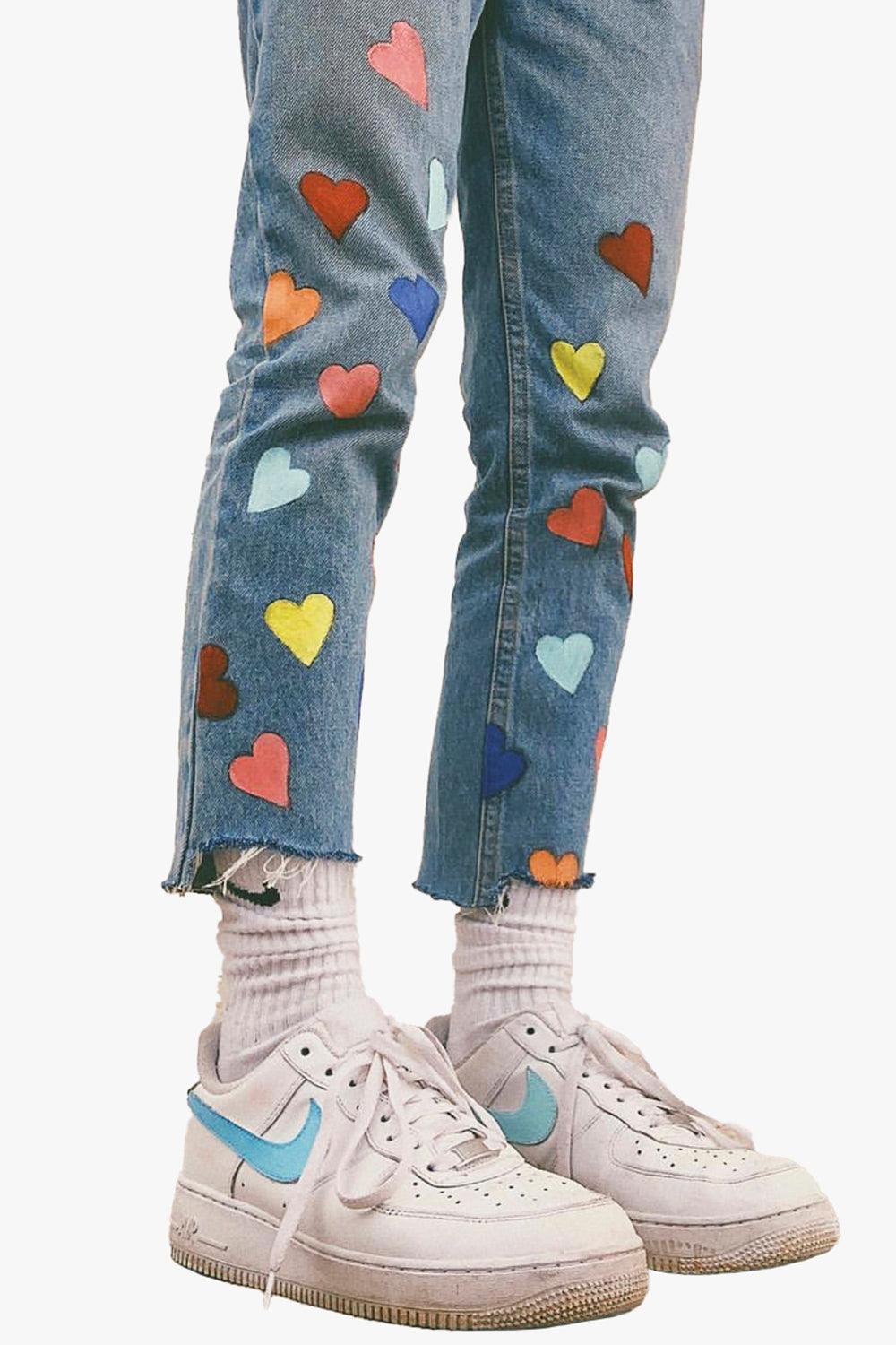 Colored Hearts Kidcore Aesthetic Jeans - Aesthetic Clothes Shop