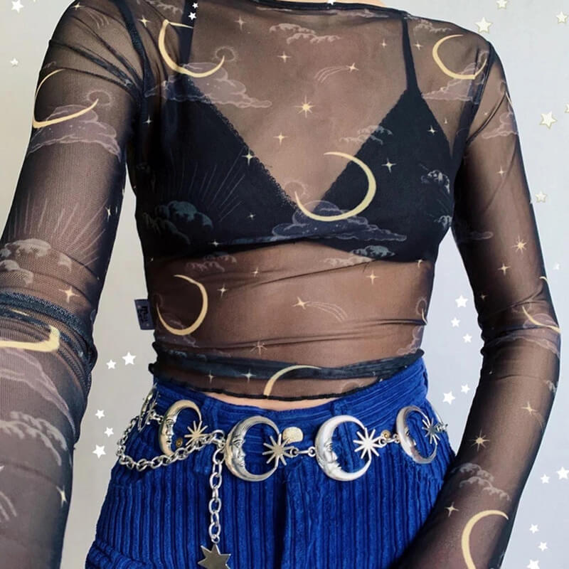 Crescent Moon and Stars Chain Belt Celestial Aesthetic