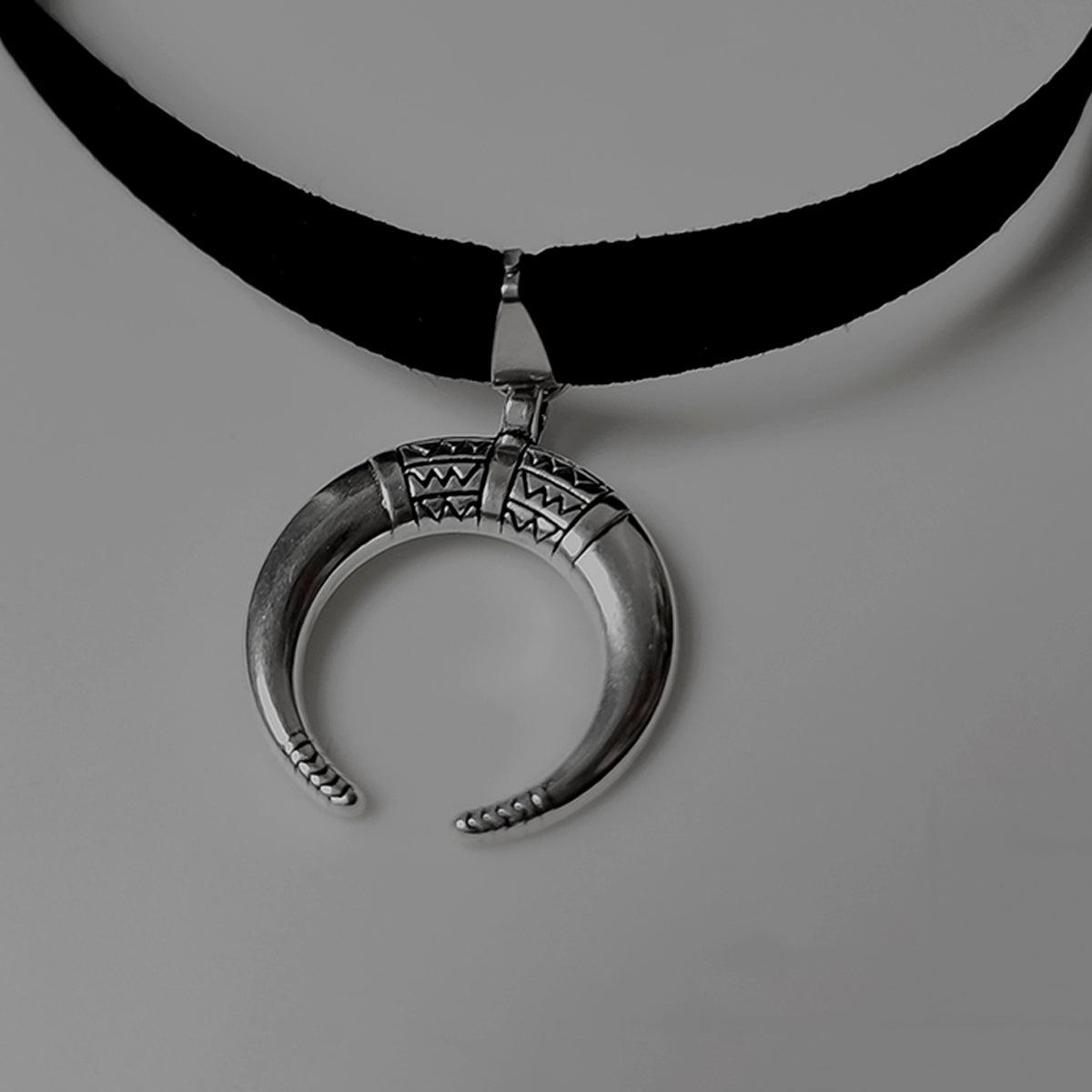 Crescent Moon Tribal Notching Choker Necklace - Aesthetic Clothes Shop