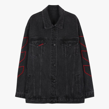 Cross Stitch Black Grunge Denim Jacket - Aesthetic Clothes Shop