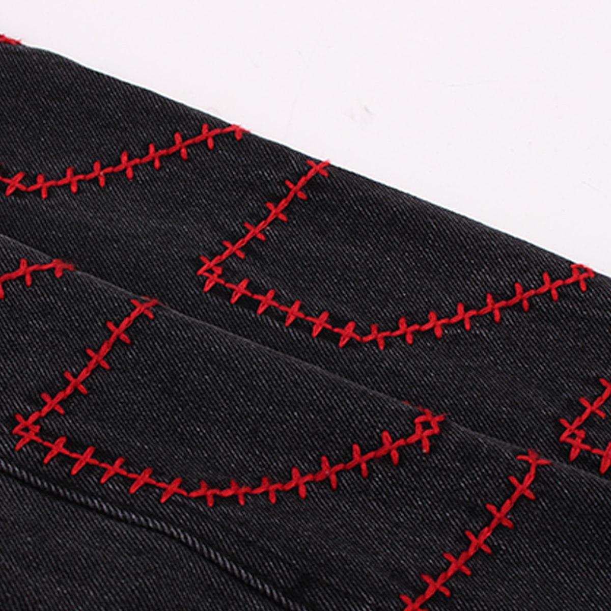 Cross Stitch Black Grunge Denim Jacket - Aesthetic Clothes Shop
